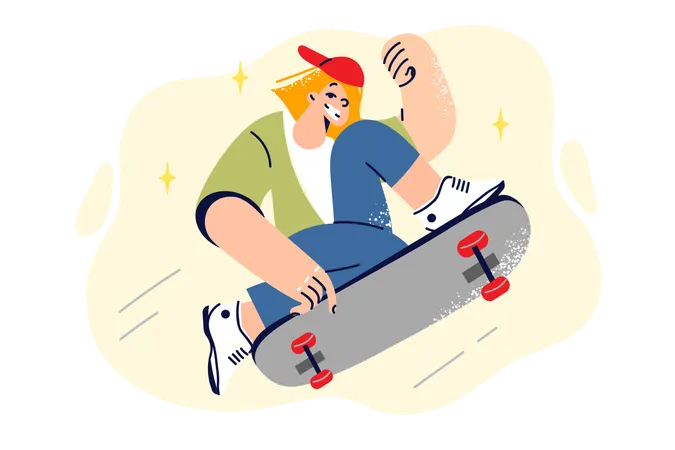 Teenage Girl Rides Skateboard Doing Extreme Tricks And Enjoying Active Form Of Recreation Schoolgirl Makes Victory Gesture Jumping On Skateboard And Rejoicing At Having Interesting Hobby Illustration