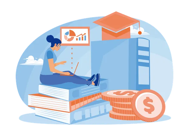 Teenage Girl Sitting On Pile Of Books while Learning About Financial Literacy For Education  Illustration