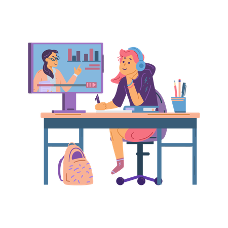 Teenage girl studying online sitting table  Illustration