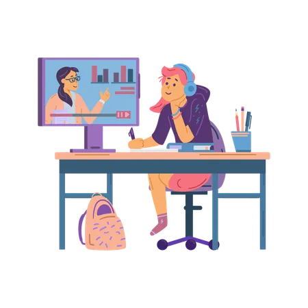 Teenage girl studying online sitting table  Illustration