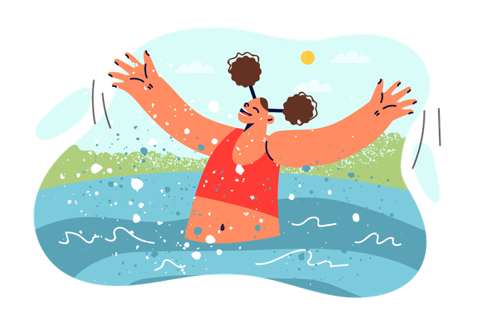 Teenage girl swims in pool in hot weather spending summer holidays in aqua park or tourist resort  일러스트레이션