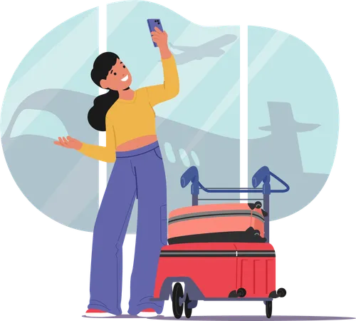 Teenage girl travel blogger shooting video content for social media network in airport  Illustration