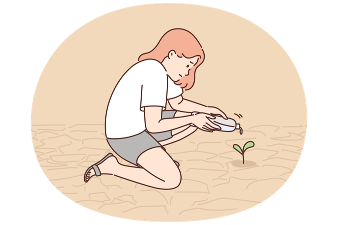 Teenage girl watering plants growing from dry soil or in need of moisture due to lack of rain  Illustration