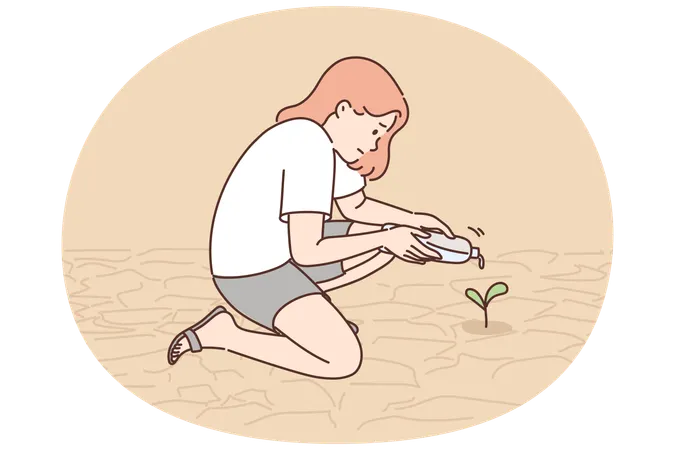 Teenage girl watering plants growing from dry soil or in need of moisture due to lack of rain  Illustration