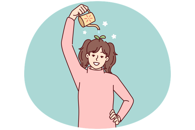 頭から生えている植物に水をやる十代の少女はアイデアを象徴している  イラスト