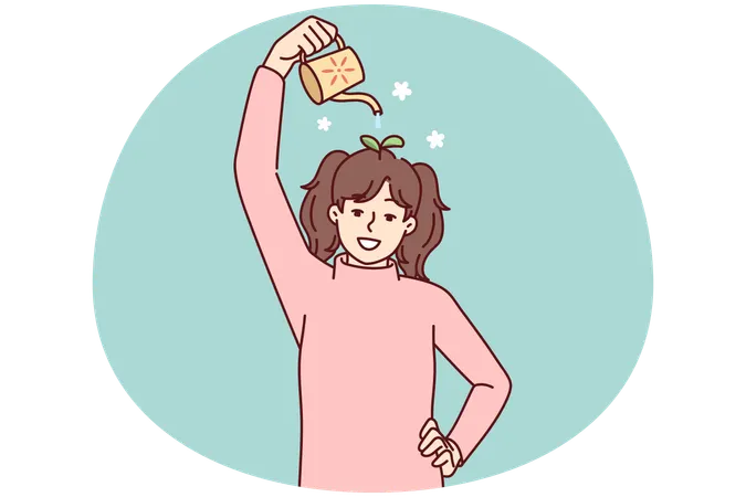 頭から生えている植物に水をやる十代の少女はアイデアを象徴している  イラスト