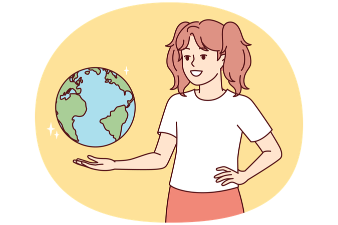 地球儀を持つ十代の少女は地理を学び、世界を旅することを夢見ています  イラスト