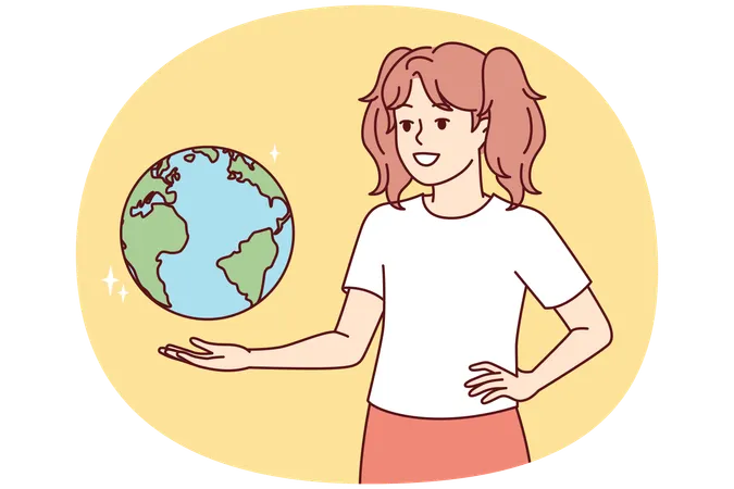地球儀を持つ十代の少女は地理を学び、世界を旅することを夢見ています  イラスト