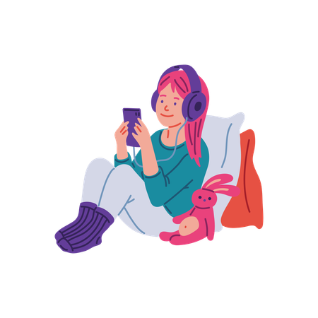 ヘッドフォンをつけた十代の少女  イラスト