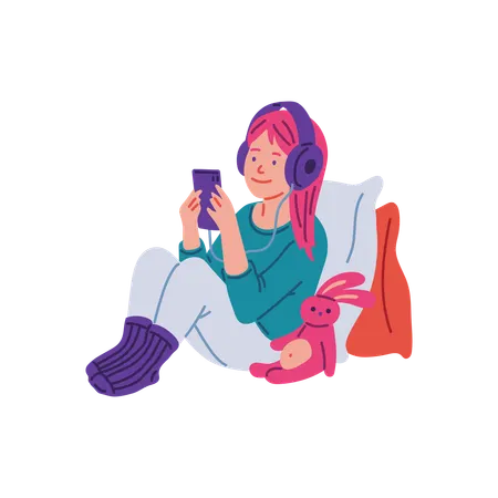 ヘッドフォンをつけた十代の少女  イラスト