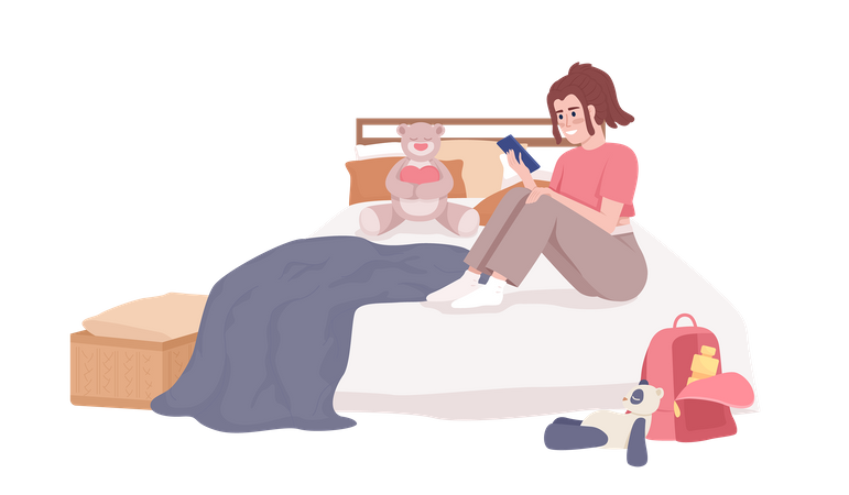 Teenage girl with phone relaxing on bed Illustration