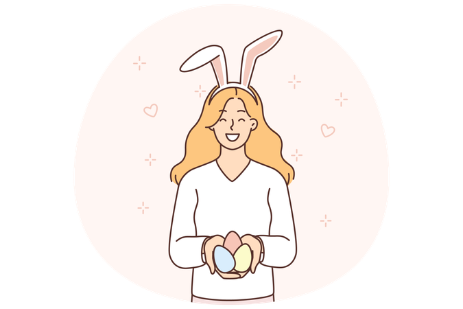 Teenage girl with rabbit ears on head holds Easter eggs prepared for religious Christian holiday  Illustration