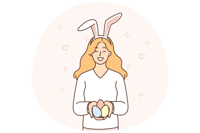 Teenage girl with rabbit ears on head holds Easter eggs prepared for religious Christian holiday  Illustration