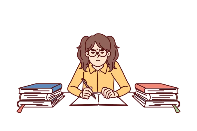 Teenage Girl With School Books Sits In Classroom And Prepares For Difficult Exam Girl From Elementary School Trains Knowledge Before Olympiad To Be Smarter Than Classmates And Get Good Grades Illustration