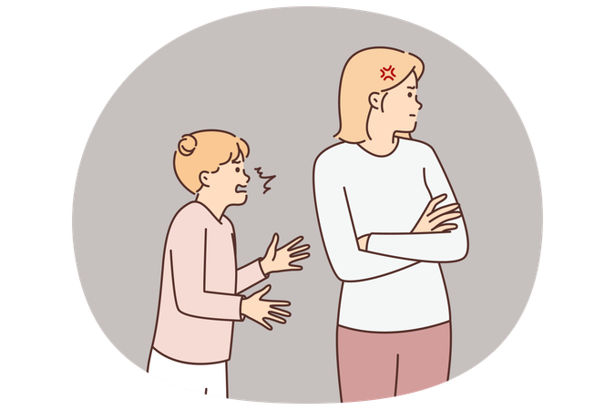 腕を組んで立っている母親に、子どもの問題を理解していない十代の少女が怒鳴る  イラスト