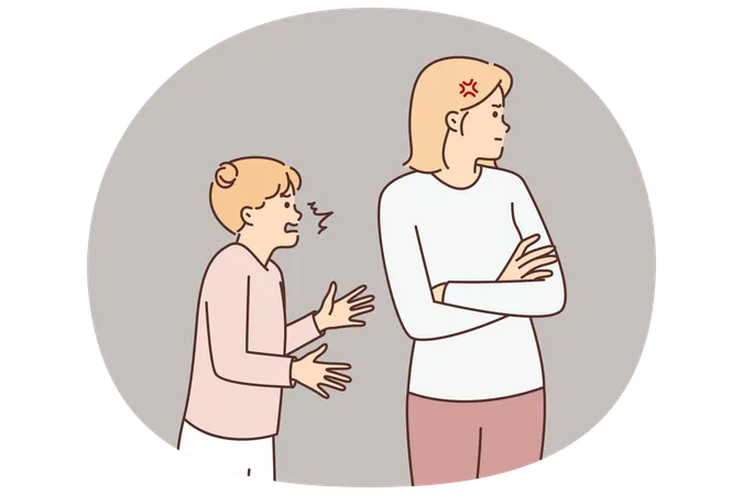 腕を組んで立っている母親に、子どもの問題を理解していない十代の少女が怒鳴る  イラスト