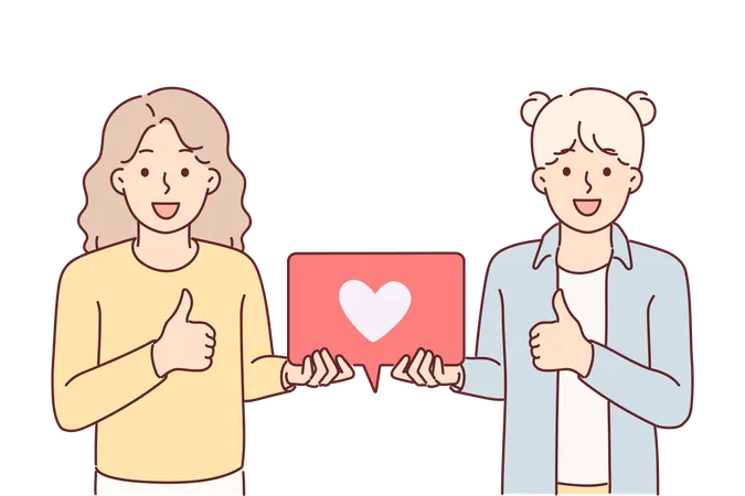 Teenage Girls Showing Thumbs Up And Holding Like Icon For Social Media Feedback Concept Little Bloggers Offer To Put Like Under Post Or Publication On Site Demonstrating Poster With Heart Illustration