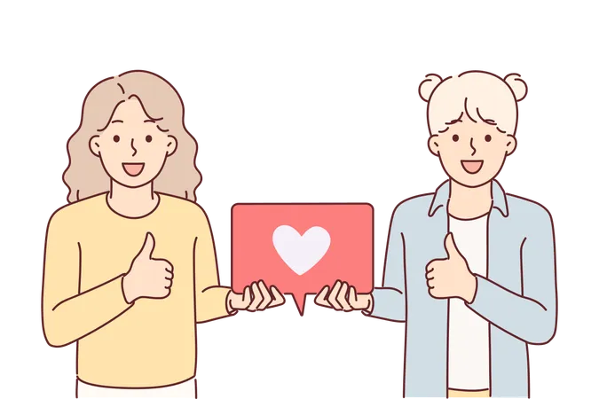 Teenage girls showing thumbs up and holding like icon for social media feedback concept  Illustration