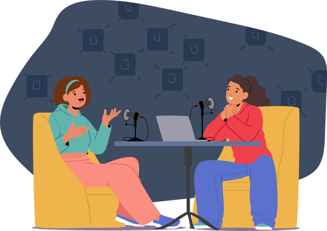 Teenage girls streaming live podcast on radio enjoying trendy hobby  Illustration