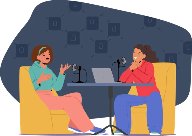 Teenage girls streaming live podcast on radio enjoying trendy hobby  Illustration