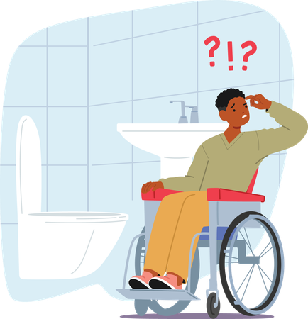 Teenage overwhelmed boy  in wheelchair feeling confused visiting lavatory  Illustration