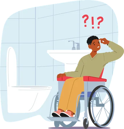 Teenage overwhelmed boy  in wheelchair feeling confused visiting lavatory  Illustration