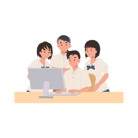 Teenage students in school uniforms working on computer together  Illustration