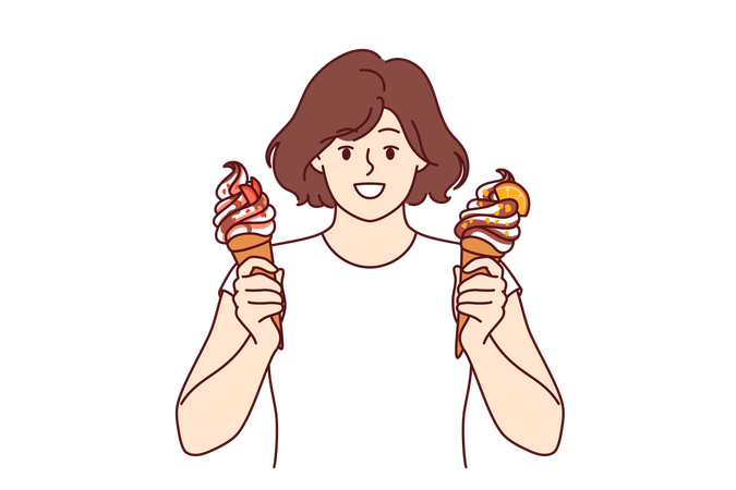 Teenage woman holds two ice creams  イラスト
