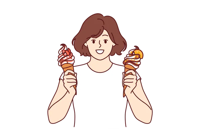 Teenage Woman Holds Two Ice Creams With Fruit Syrup And Waffle Cone And Looks At Screen Smiling Child Offers To Try Delicious And Sweet Ice Creams To Refresh Yourself In Hot Summer Weather イラスト