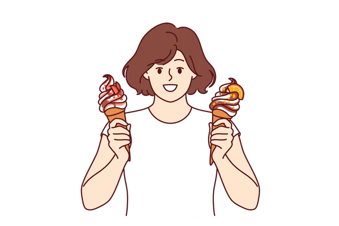 Teenage woman holds two ice creams  Illustration