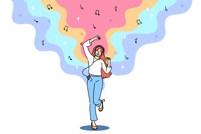 Teenage woman listens to music on headphones and dances rhythmically with hands, and uses phone  Illustration