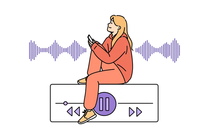 Teenage woman listens to music on phone while sitting near equalizer on buttons to control playlist  Illustration