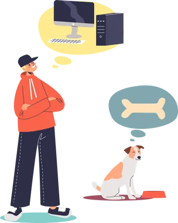 Teenaged boy dreaming of computer while dog dreaming for food  Illustration