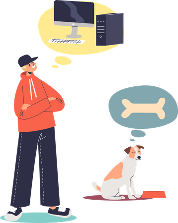 Teenaged boy dreaming of computer while dog dreaming for food  Illustration