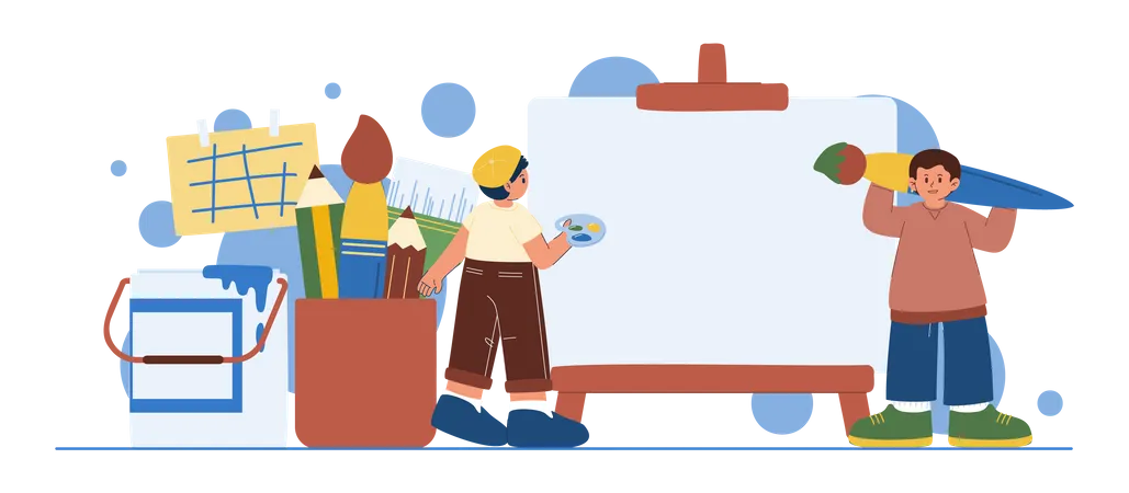 Group Of Teenager Holding Paintbrush And Palette To Paint Colors On Canvas With Painting Equipment In Cartoon Character Vector Illustration Illustration