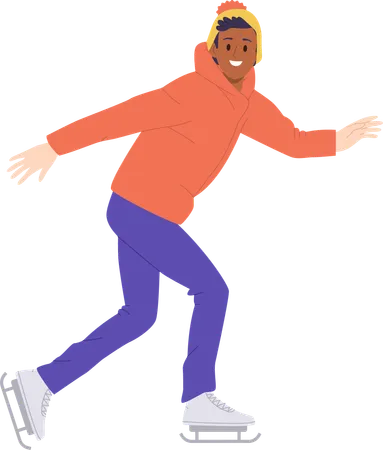 Teenager boy enjoying ice skating rejoicing winter vacation time  Illustration