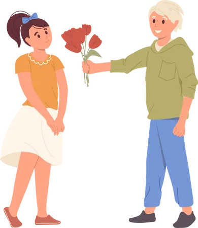 Cute Shy Smiling Teenager Boy Giving Bouquet Of Tulip Spring Flowers To Loving Girlfriend Vector Illustration Happy Children Characters First Love Romantic Date And International Woman Day Concept イラスト