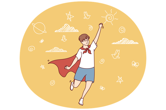 Teenager boy in superhero cape stretches hand up and represents flight to save people  Illustration