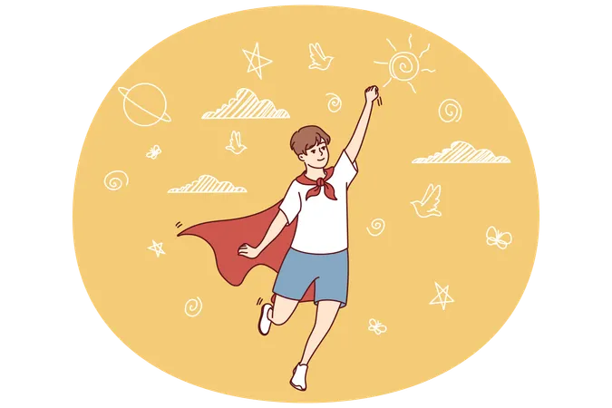 Teenager boy in superhero cape stretches hand up and represents flight to save people  Illustration