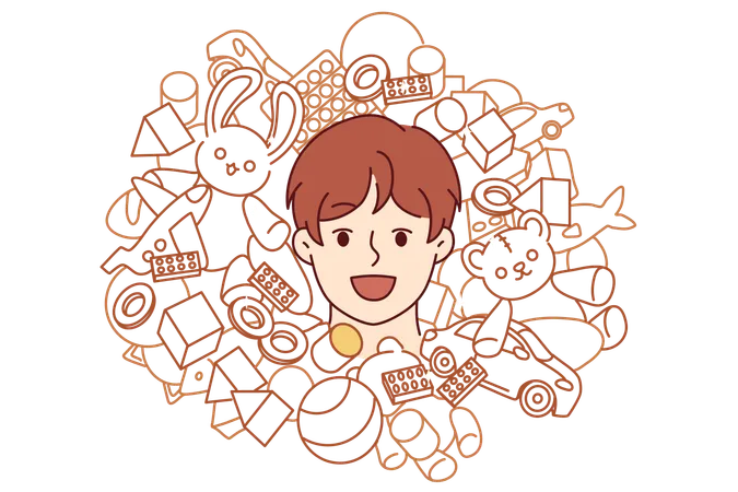 Teenager boy is surrounded by many toys  Illustration