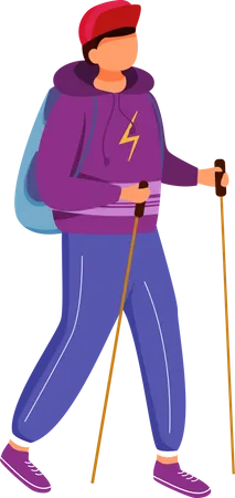 Teenager boy with hiking sticks  Illustration