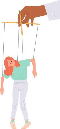 Teenager Girl Puppet Marionette Attached To Rope And Human Hand Controlling Movement Of Slave Cartoon Character Isolated On White Background Abuse At School Or In Family Vector Illustration Illustration