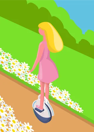 Teenager girl riding monocycle electric self balancing scooter  イラスト