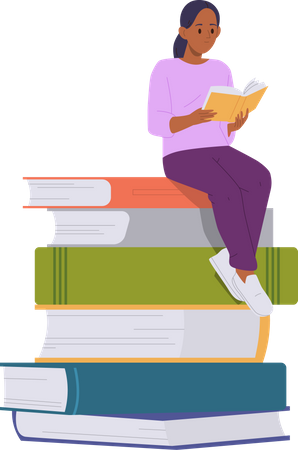 Teenager girl student reading sitting on big books stack  Illustration