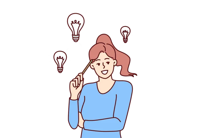 Teenager girl with light bulbs over head comes up with idea  Illustration