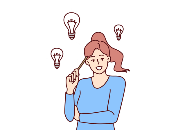 Teenager girl with light bulbs over head comes up with idea  Illustration