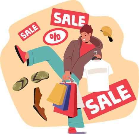 Teenager guy carrying purchases in bags rejoicing holidays sale at clothing store boutique  Illustration