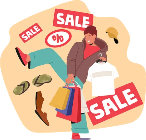 Teenager guy carrying purchases in bags rejoicing holidays sale at clothing store boutique  Illustration