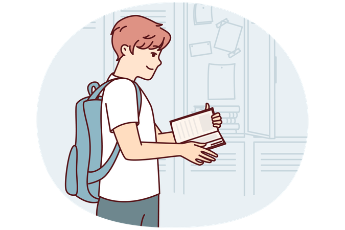 Teenager guy with book and backpack behind back stands near lockers in college room  Illustration