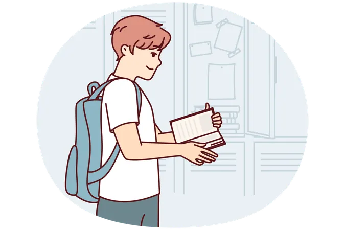 Teenager guy with book and backpack behind back stands near lockers in college room  Illustration